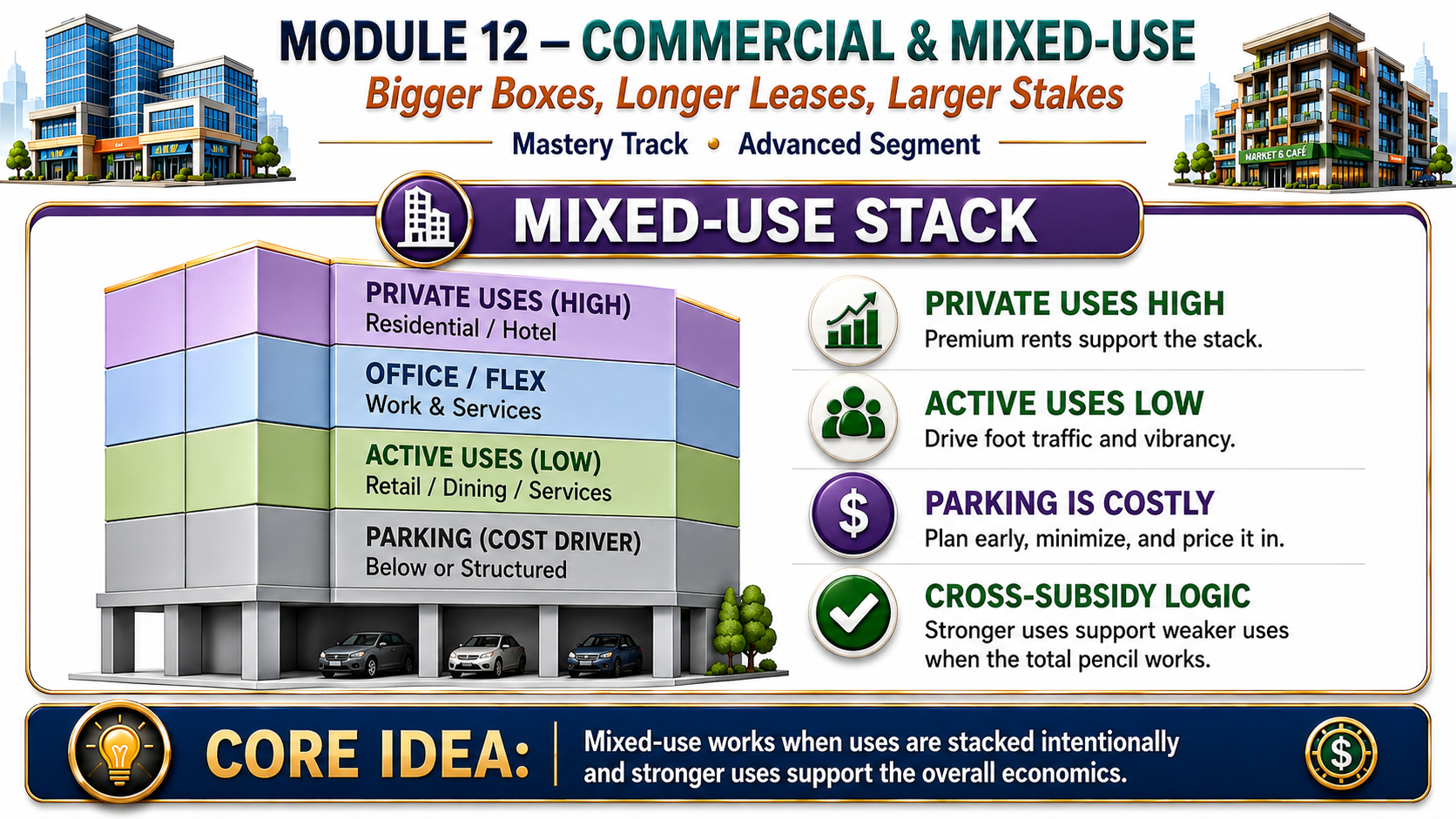 The mixed-use stack — retail, office, and residential layered in one commercial project